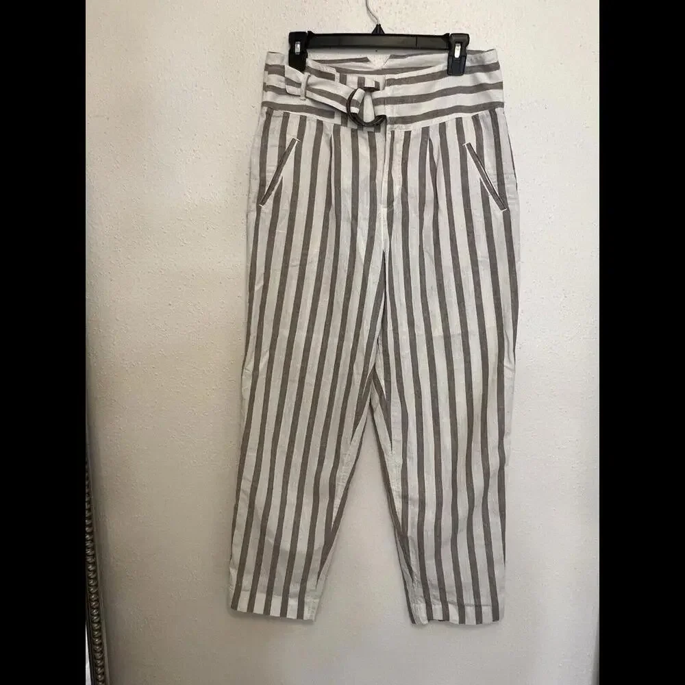 By‎ Anthropologie Oasis Brown Striped Linen Blend Ankle Pants Womens Size 8